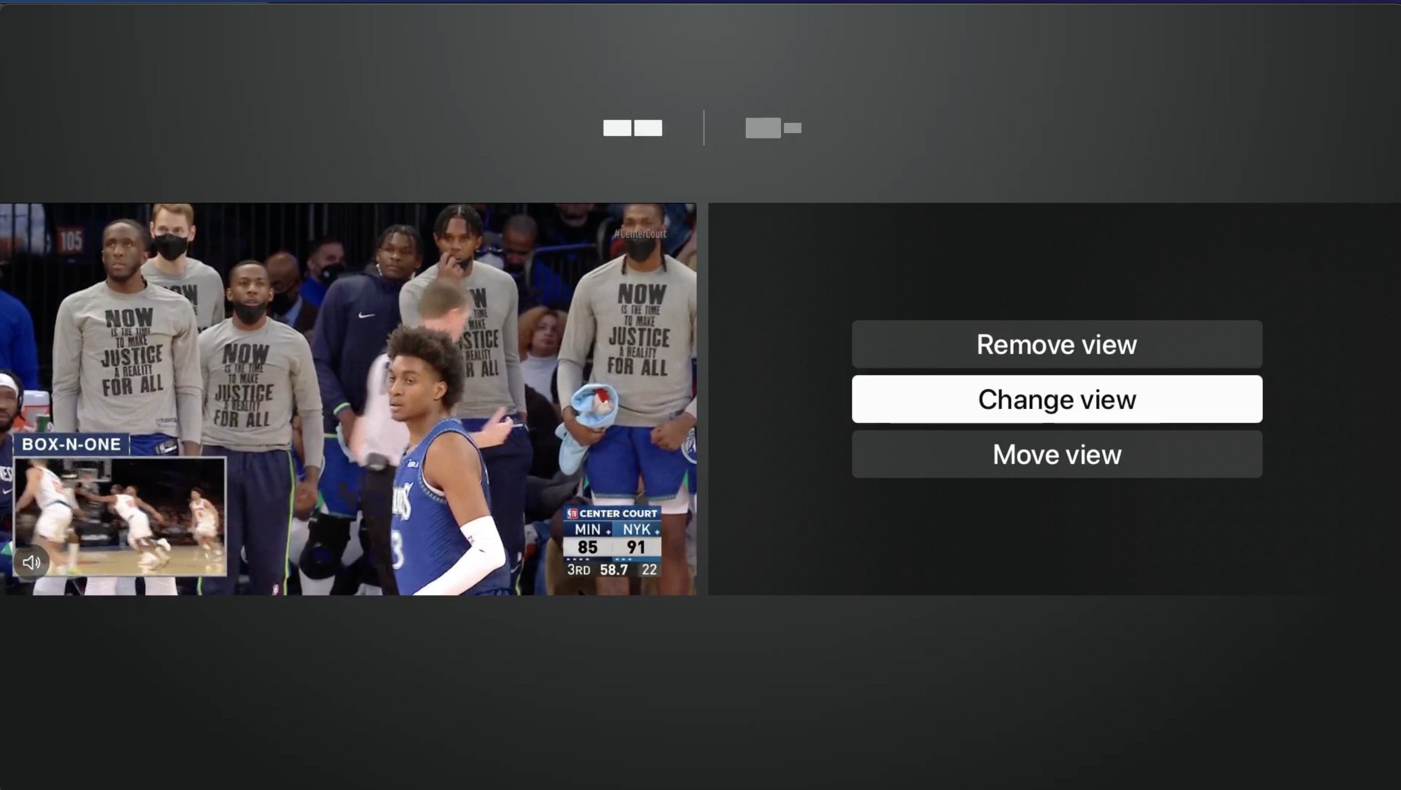 MultiView on the FuboTV app for Apple TV with options highlighted on an additional window; cursor is over CHANGE VIEW