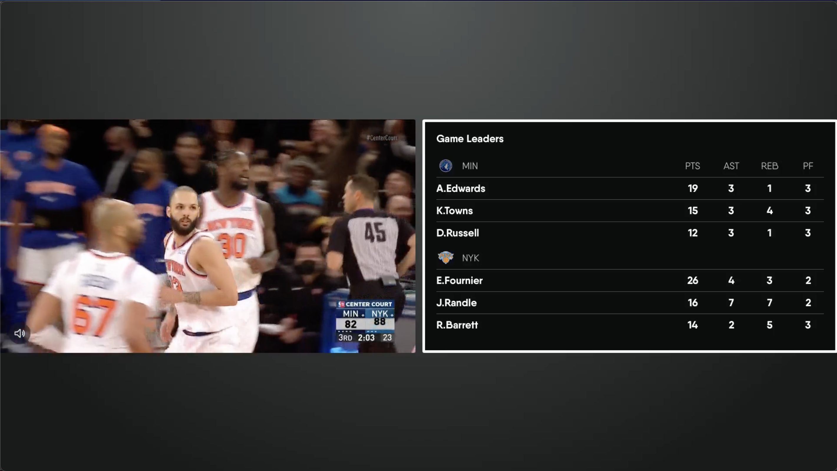 FanView enabled on the FuboTV app for Apple TV with team stats showing along with live video