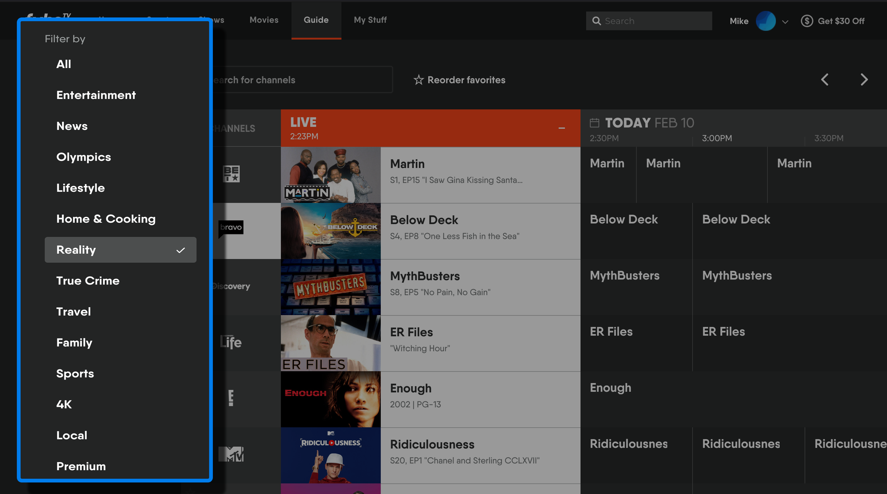FuboTV channel guide screen with genre filters highlighted
