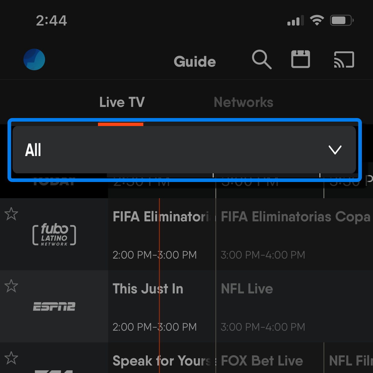 GUIDE screen of the FuboTV app on a mobile device with genre filter selection drop-down highlighted