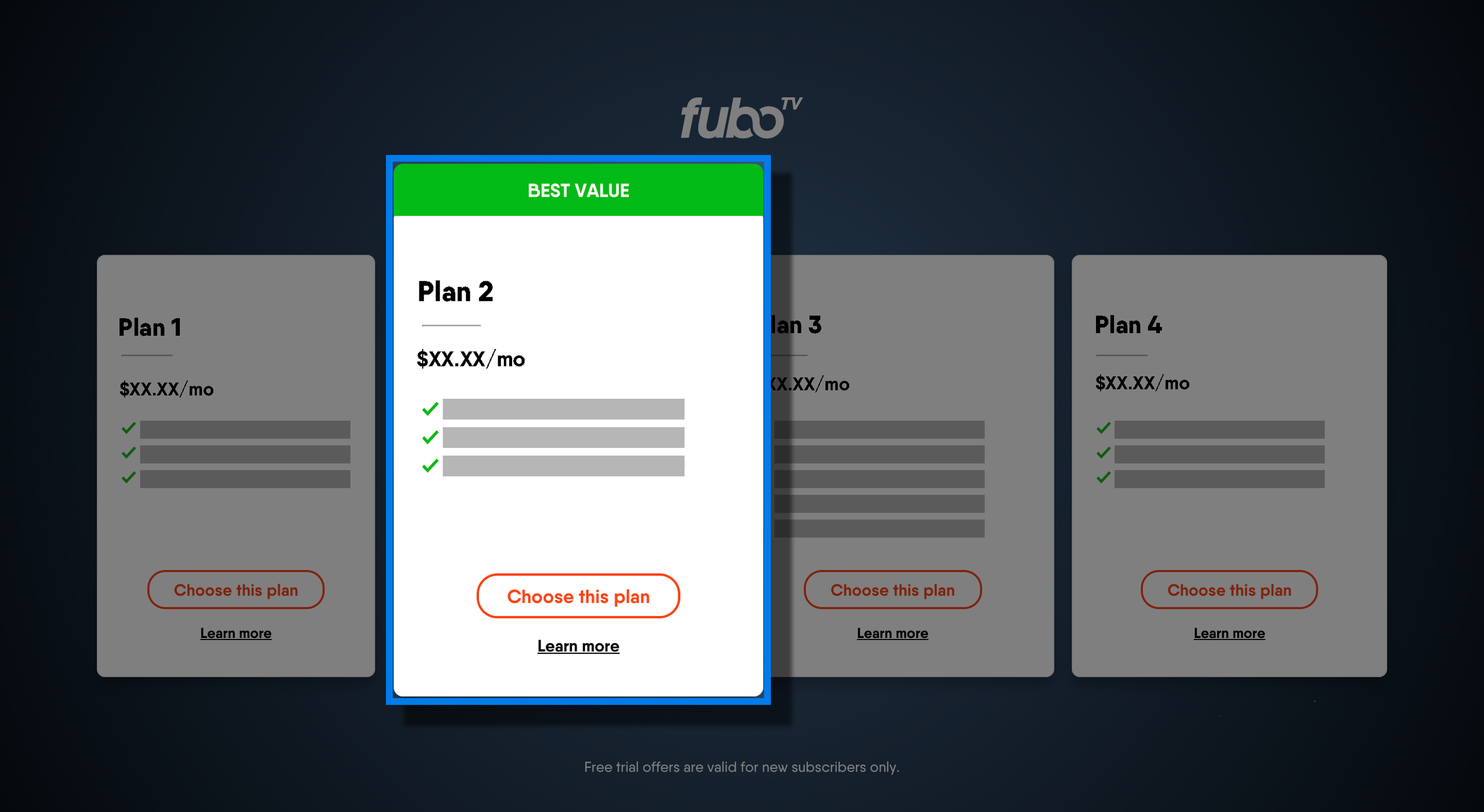 FuboTV generic plan selection page seen when reactivating an account and changing base subscription