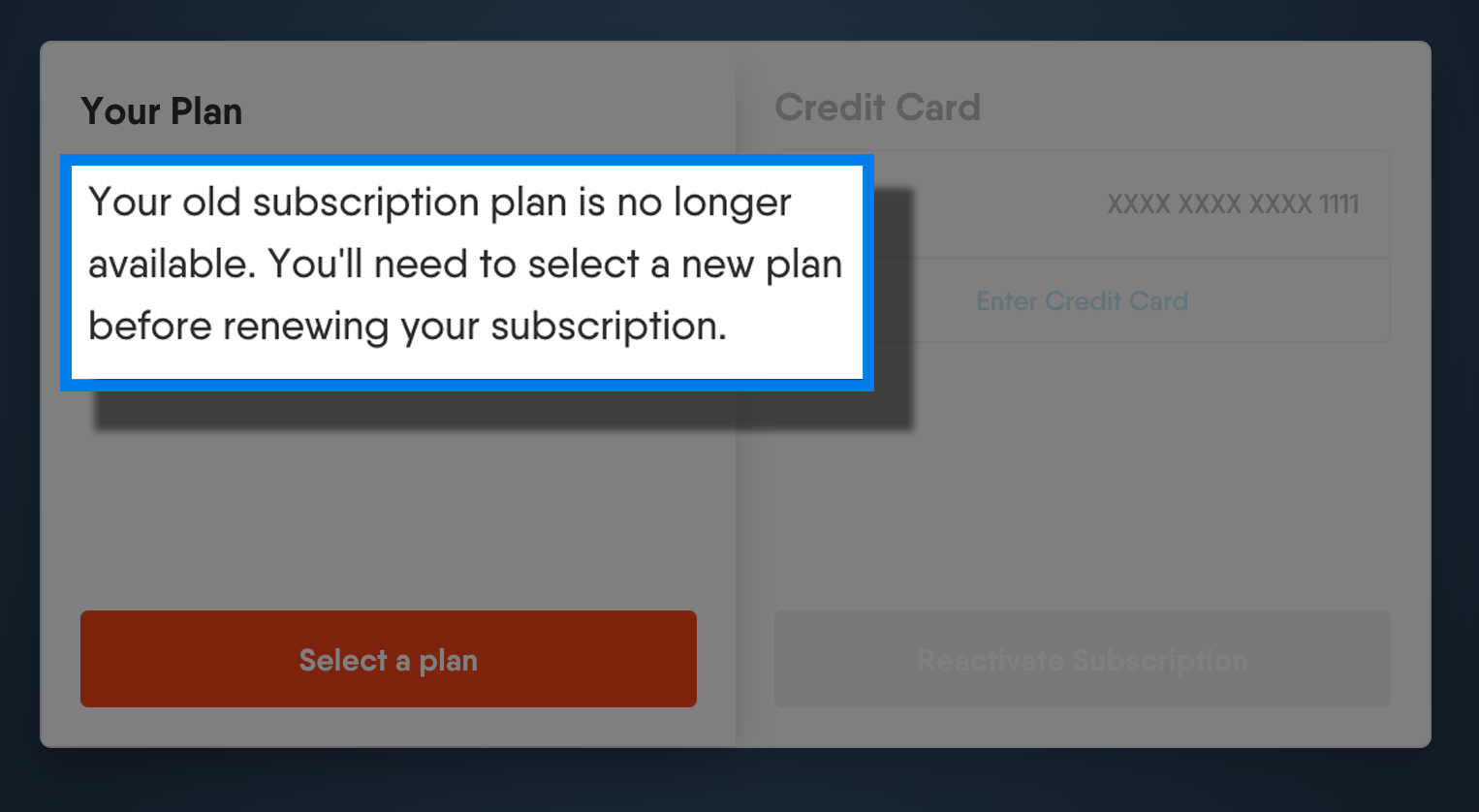 YOUR PLAN overview with a note that the previous plan is no longer available; select a new plan to continue