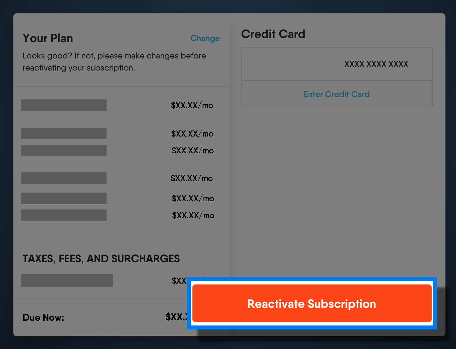 Fubo YOUR PLAN overview with REACTIVATE SUBSCRIPTION button highlighted