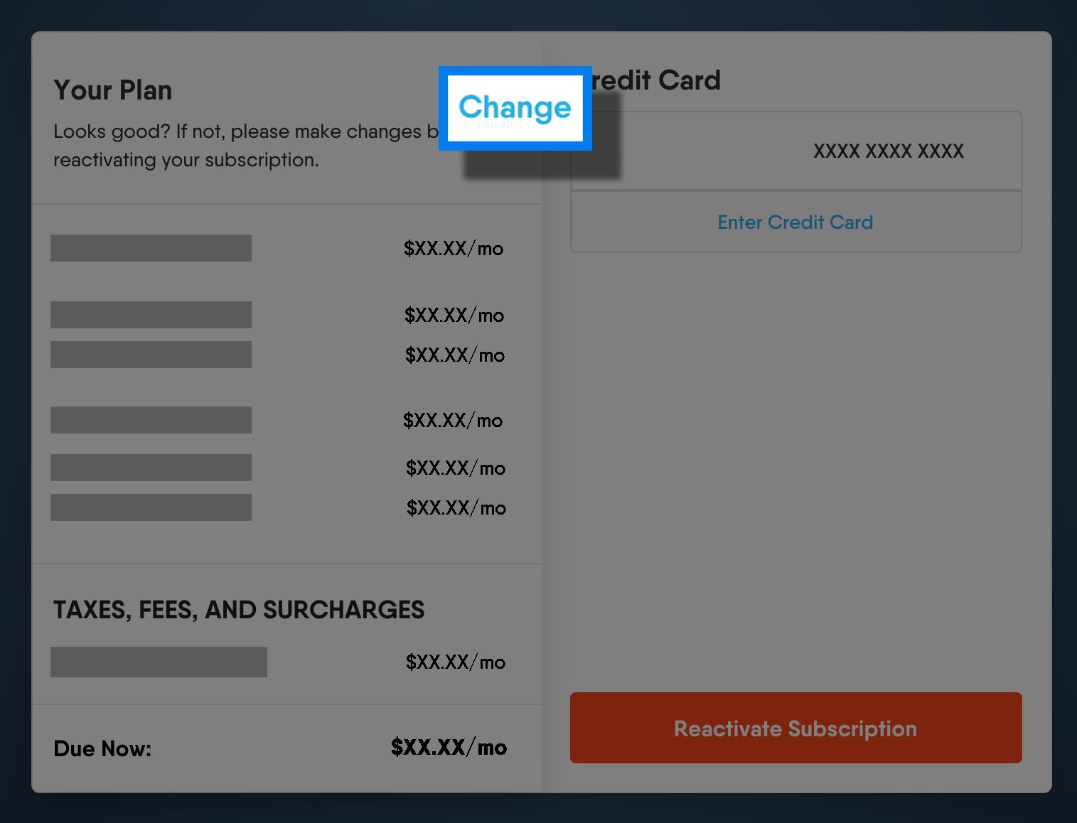 Fubo YOUR PLAN overview with CHANGE button highlighted