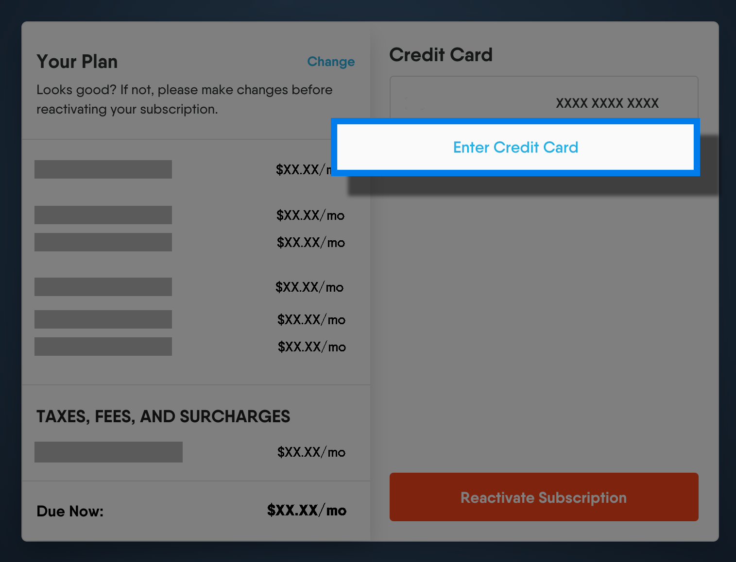 YOUR PLAN overview with ENTER CREDIT CARD highlighted; go here to add a new payment method