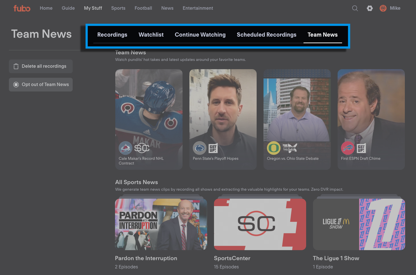 La página Mis cosas de la aplicación de Fubo con Noticias del equipo seleccionado, mostrando grabaciones de clips de varios programas de resúmenes deportivos