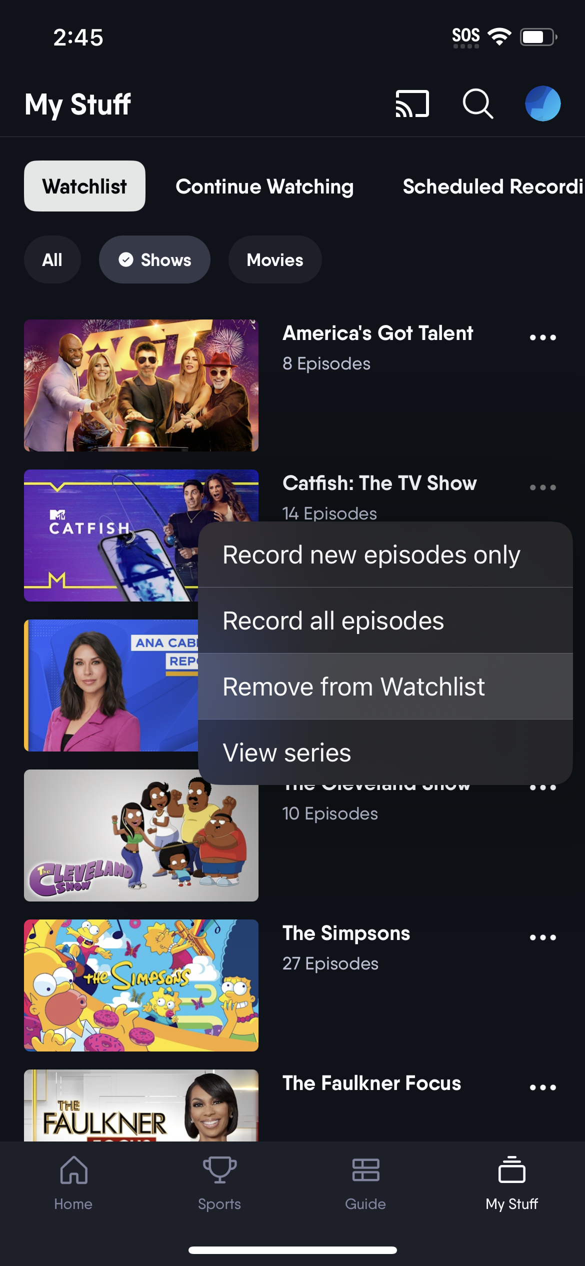 A movie details page from the FuboTV app on a mobile device with REMOVE FROM MY STUFF highlighted