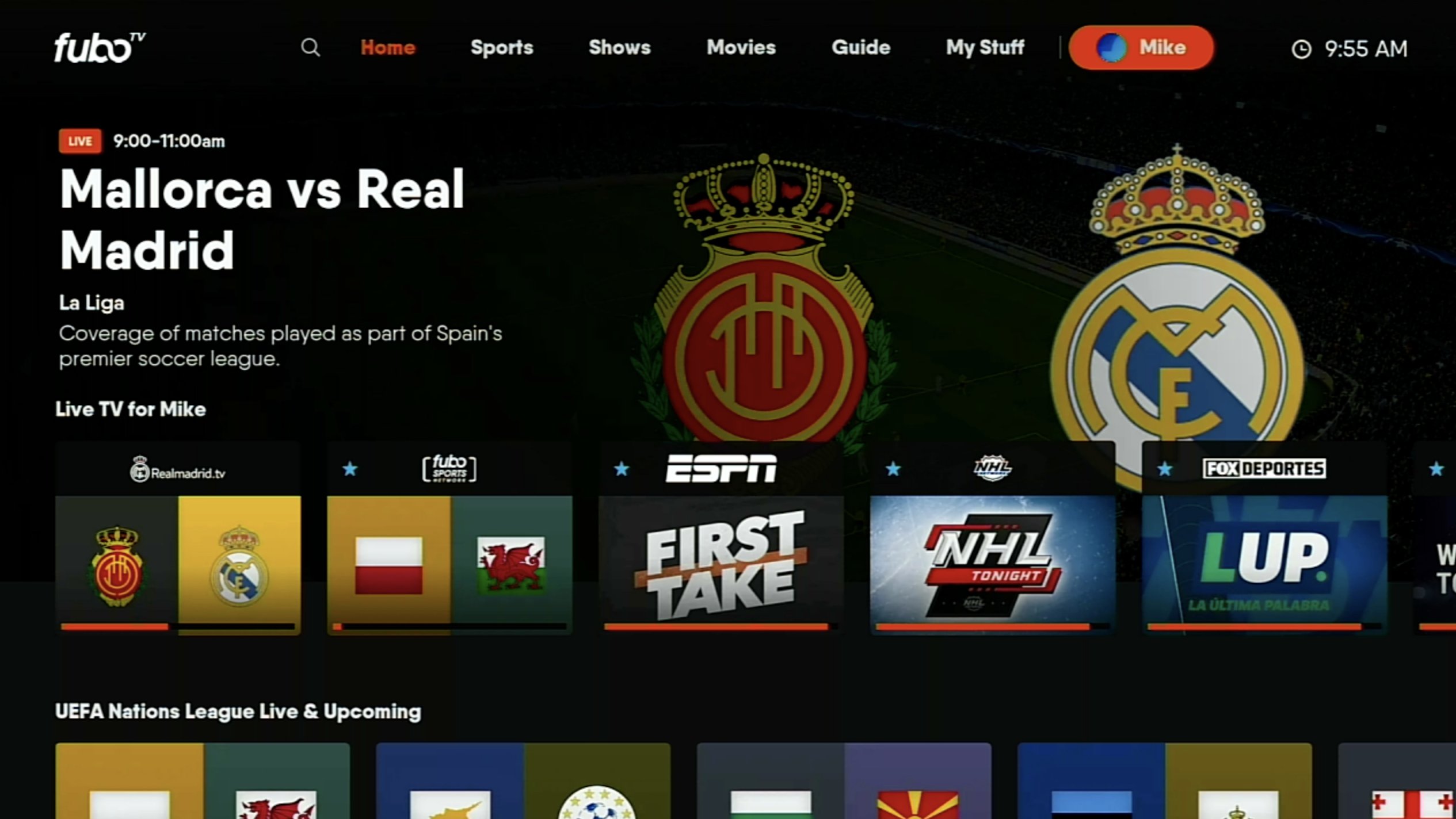 Home screen of the FuboTV app on a Roku with the account icon highlighted in the upper-right