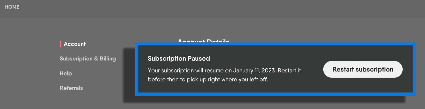 Details for a paused account on the Fubo MY ACCOUNT page including the date the accont will un-pause and a RESTART SUBSCRIPTION button to restart early