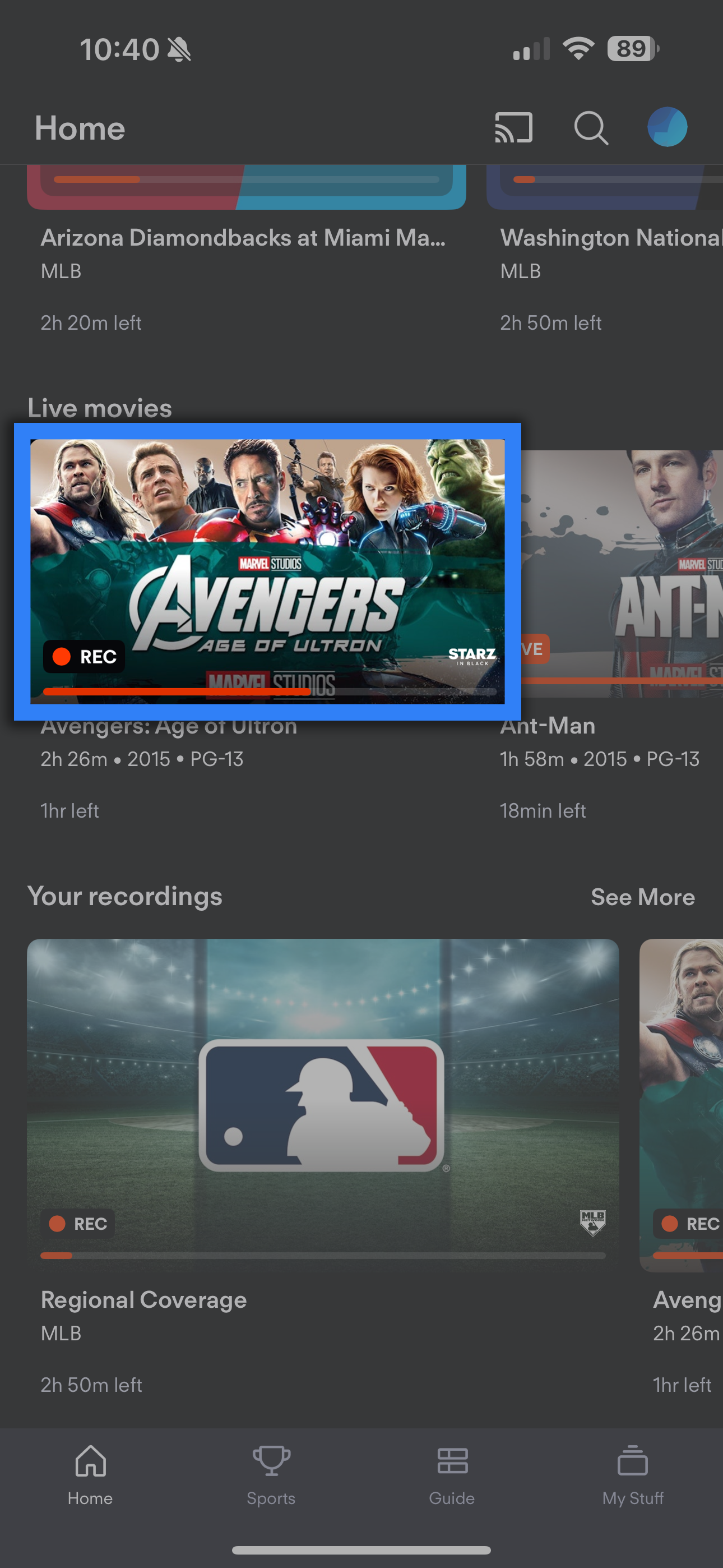 A context menu on the FuboTV app for a mobile device with Play from Live highlighted. Tapping this will play an in-progress DVR recording live and not from the beginning.