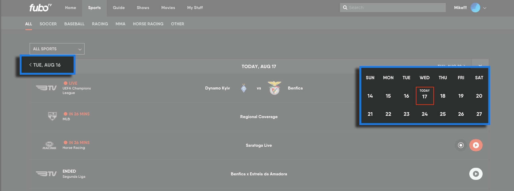 SPORTS screen on FuboTV for a browser with calendar and date selection highlighted