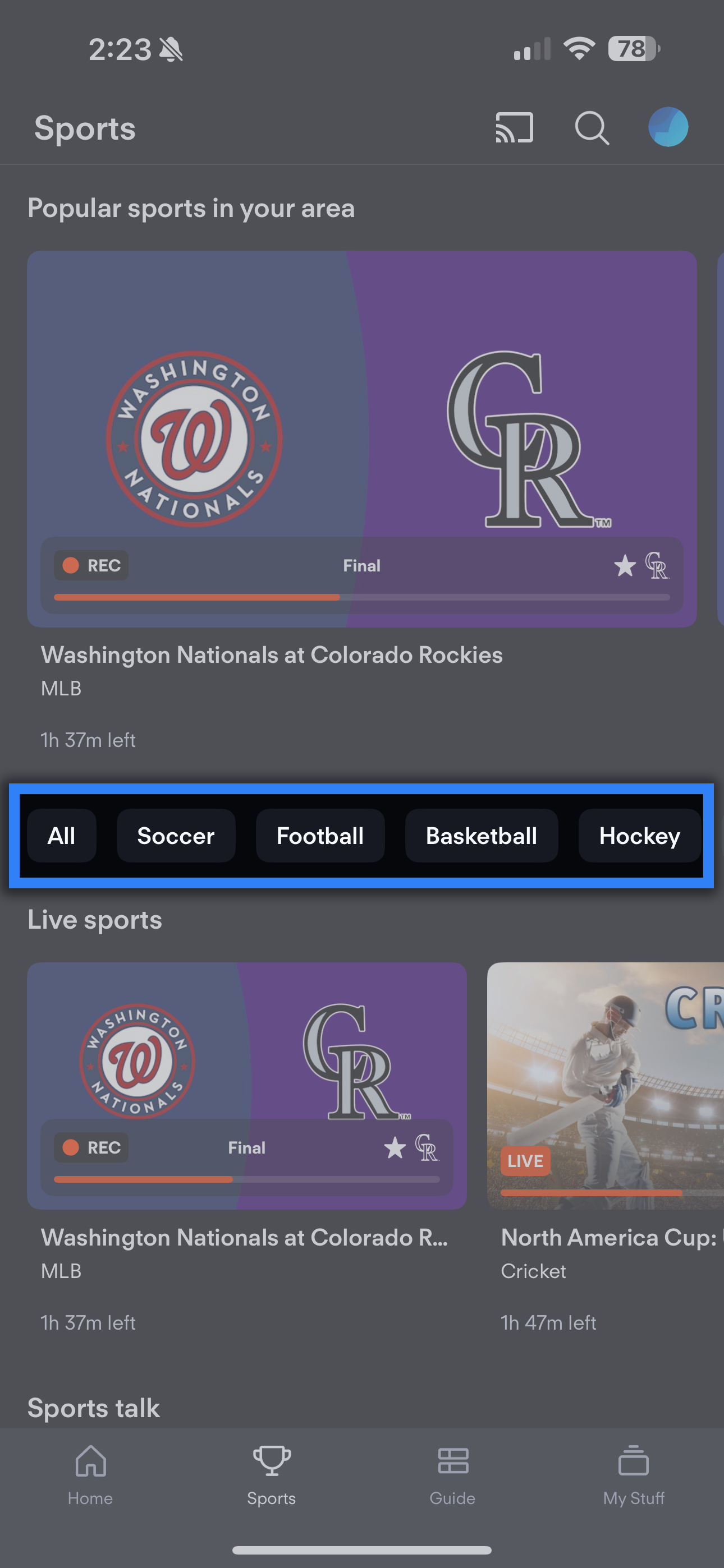 Sports screen of the FuboTV app on a mobile device with the SOCCER filter highlighted