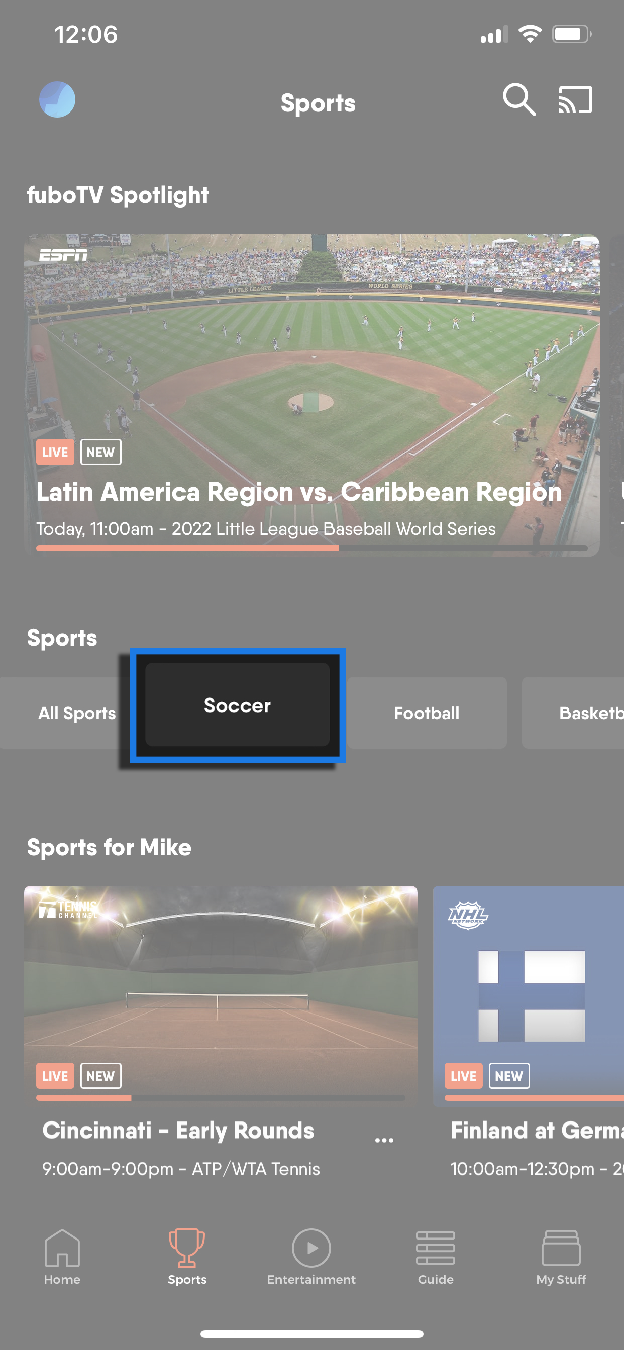 Sports screen of the FuboTV app on a mobile device with the SOCCER filter highlighted