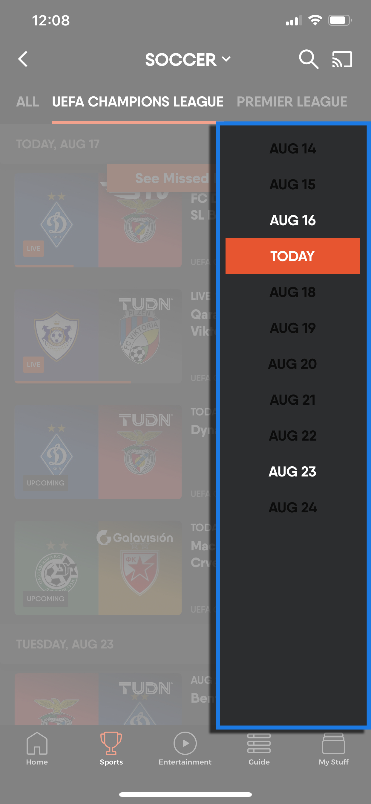 Date selection pop-up for previously-aired events on the FuboTV app for mobile devices; greyed-out dates mean there is no game available on that date