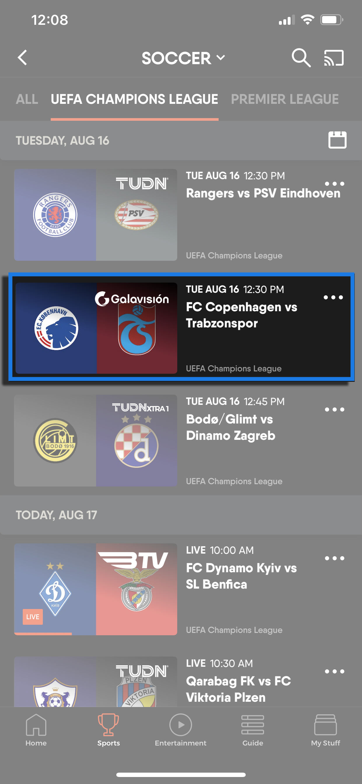 Selected previously-aired UEFA Nations League game from the Sports screen of the FuboTV app on a mobile device