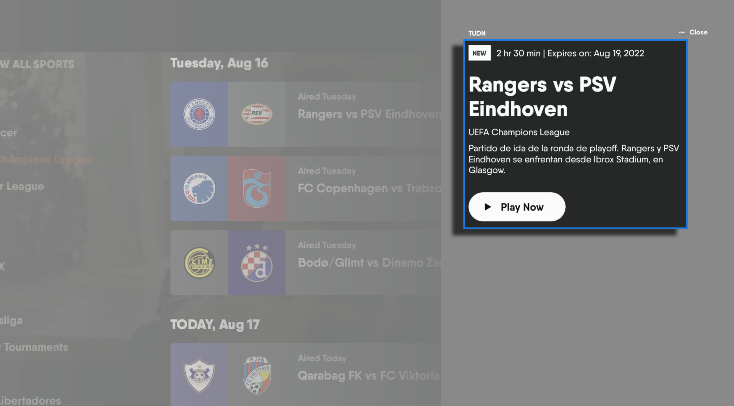 Program information screen for a previously-aired soccer match on the FuboTV app for Apple TV with PLAY NOW button
