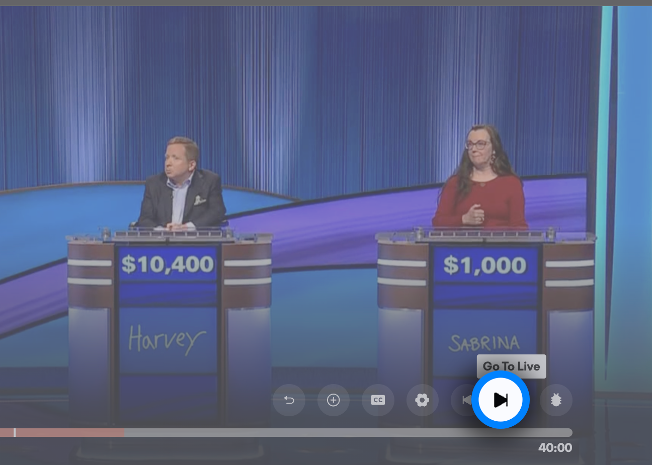 In-progress recording for the FuboTV app on a Smart TV with the GO TO LIVE button highlighted in player controls