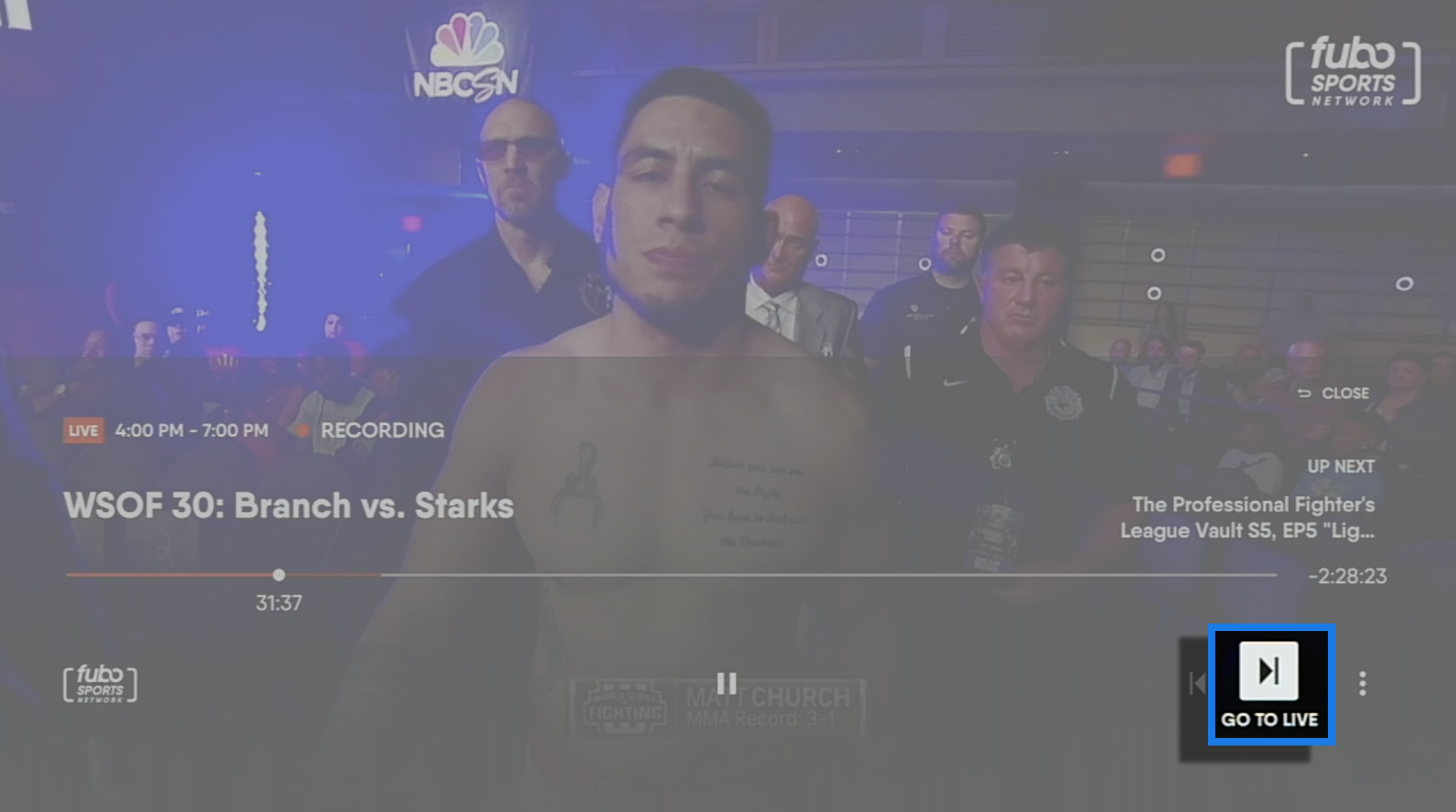 Player controls over an in-progress DVR recording for the FuboTV app on Android TV/Amazon Fire TV with GO TO LIVE button highlighted