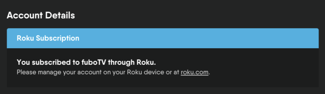 Account details page of a FuboTV account created and billed through Roku
